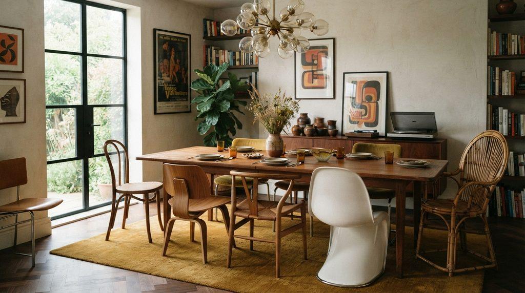 Assortiment de chaises design vintage d'occasion autour d'une table à manger dans un intérieur moderne