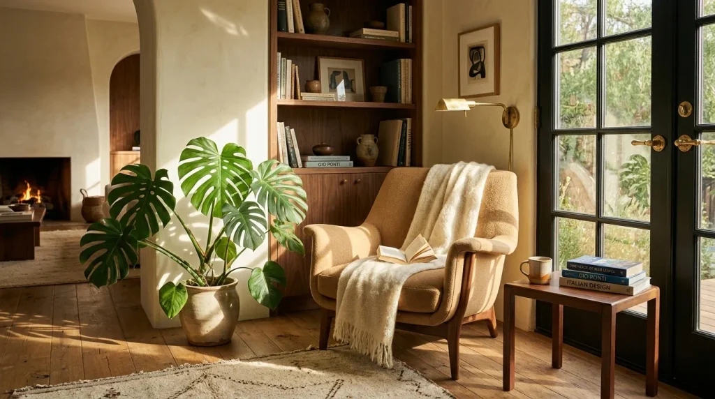 Coin lecture aménagé avec une chaise design vintage d'occasion des années 70 et une lampe d'époque.