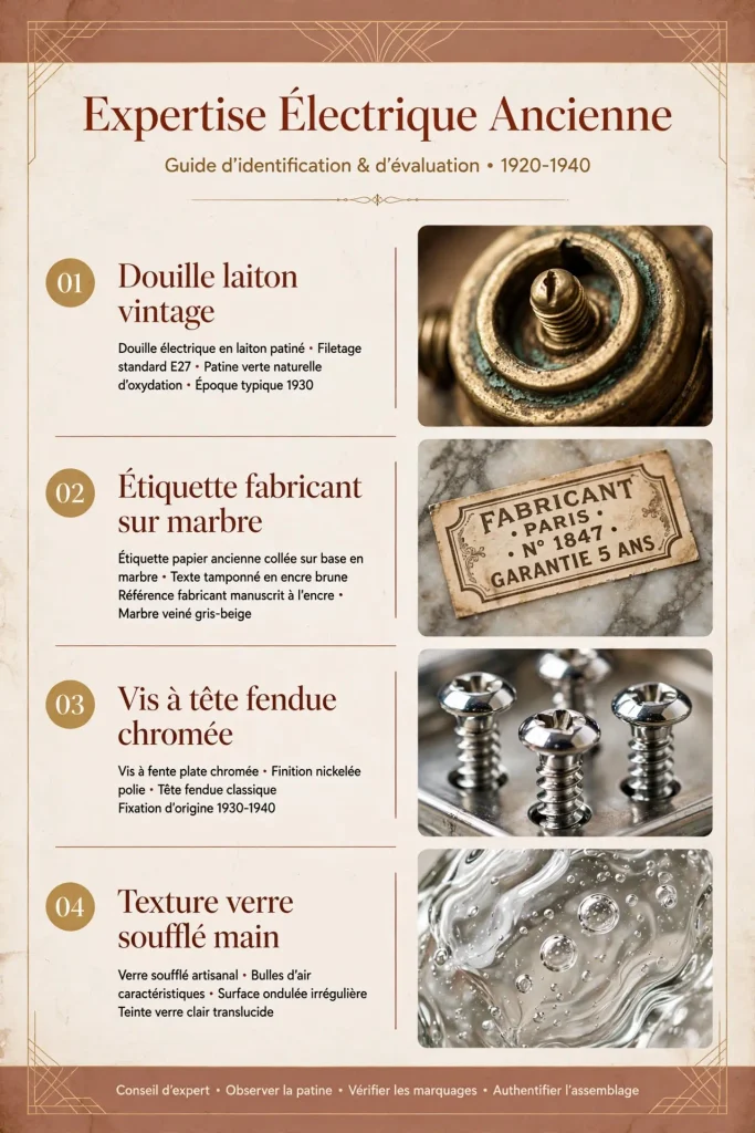Checklist d'expertise pour authentifier une lampe italienne vintage : marquage, bakélite, système électrique et visserie
