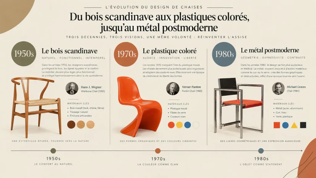 Timeline illustrant l'évolution du style des chaises design d'occasion de 1950 à 1980.