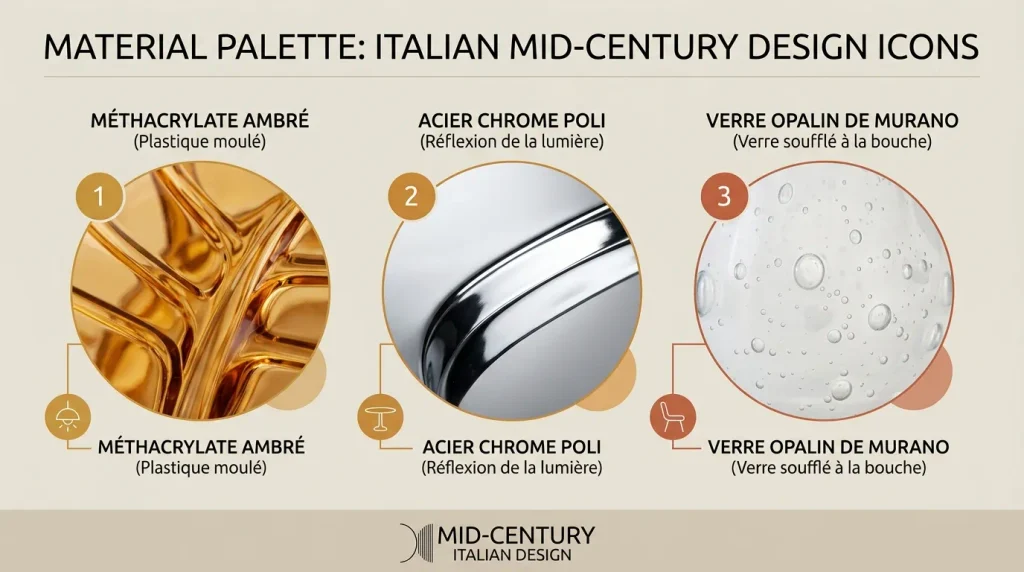 Infographie comparative des matériaux de luminaires italiens vintage : plastique extrudé, métal chromé et verre de Murano