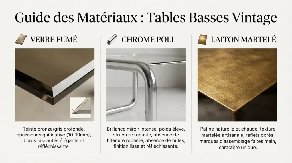 Infographie explicative pour reconnaître le verre fumé, le chrome lourd et le laiton martelé d'époque.