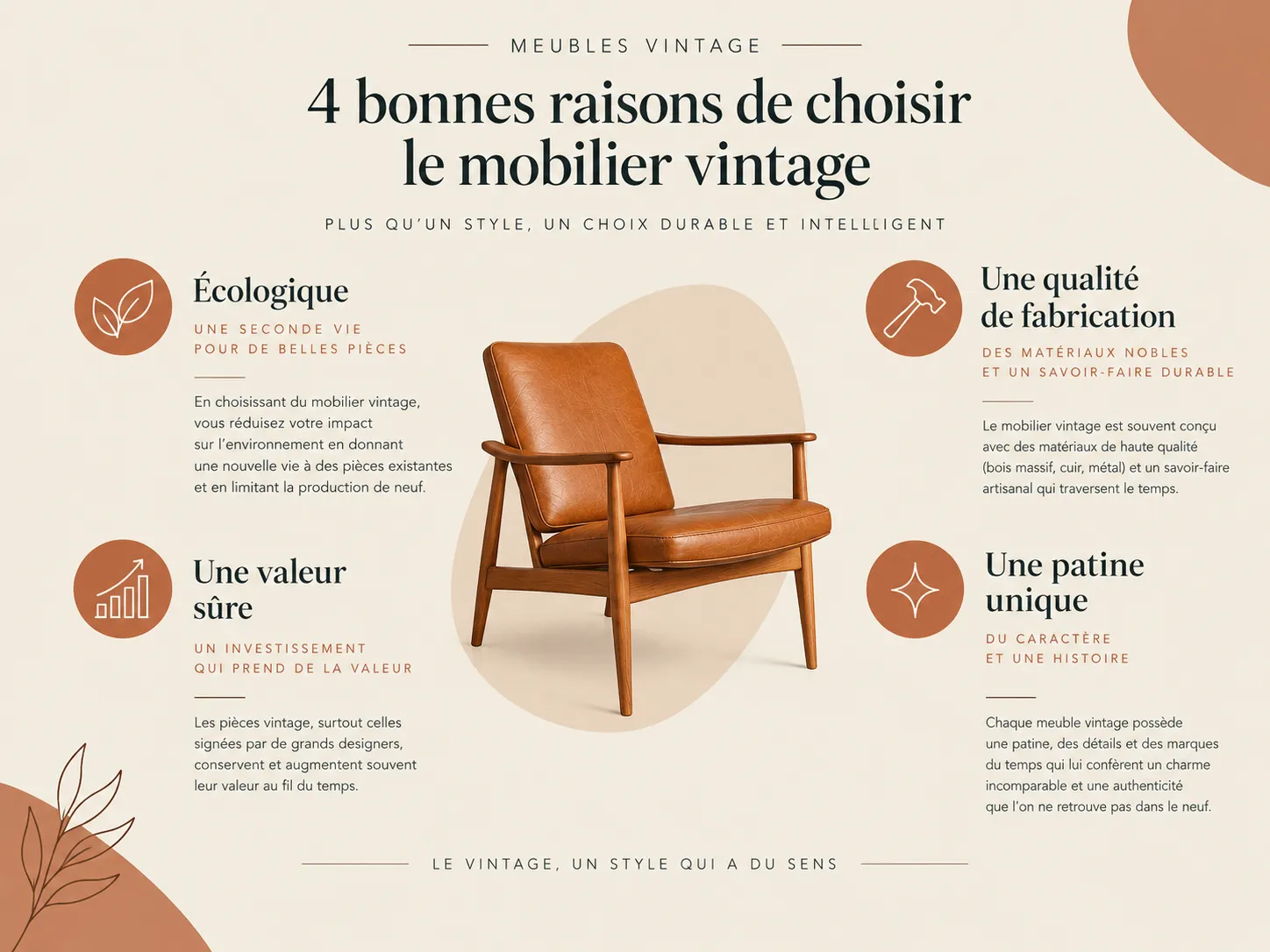 Infographie résumant les 4 avantages de l'achat d'assises vintage d'occasion : écologie, qualité, valeur et style.