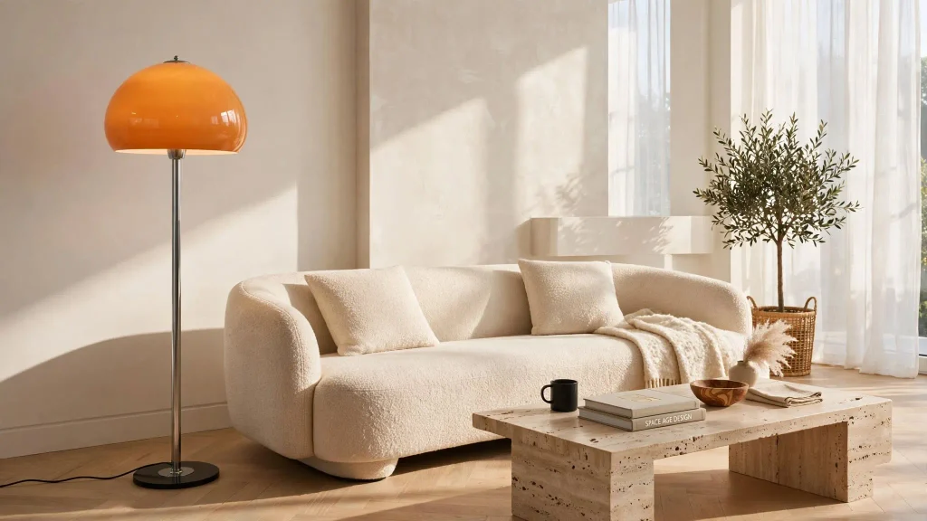 Aménagement intérieur associant un lampadaire vintage Harvey Guzzini et du mobilier contemporain épuré