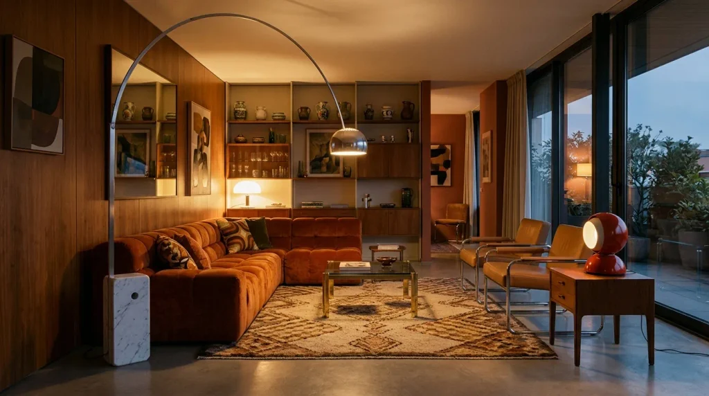 Lampe italienne vintage des années 60 et 70 Arco Flos et Eclisse Artemide installées dans un salon design