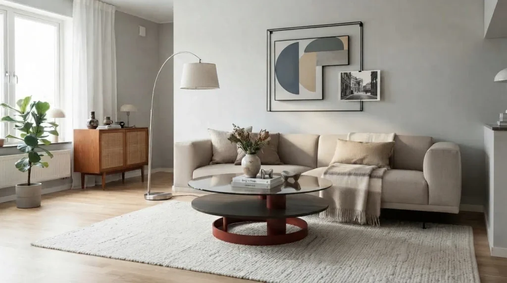Salon contemporain épuré mettant en valeur une table basse vintage des années 80