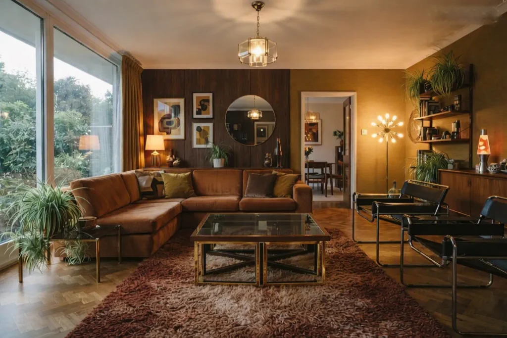 Table basse vintage des années 70 en laiton doré et plateau de verre fumé installée dans un salon chaleureux.