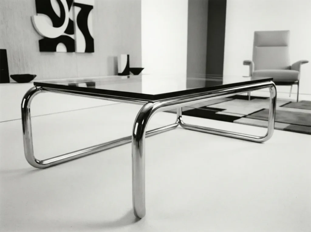 Table basse géométrique des années 80 avec structure en acier chromé et plateau en verre transparent.