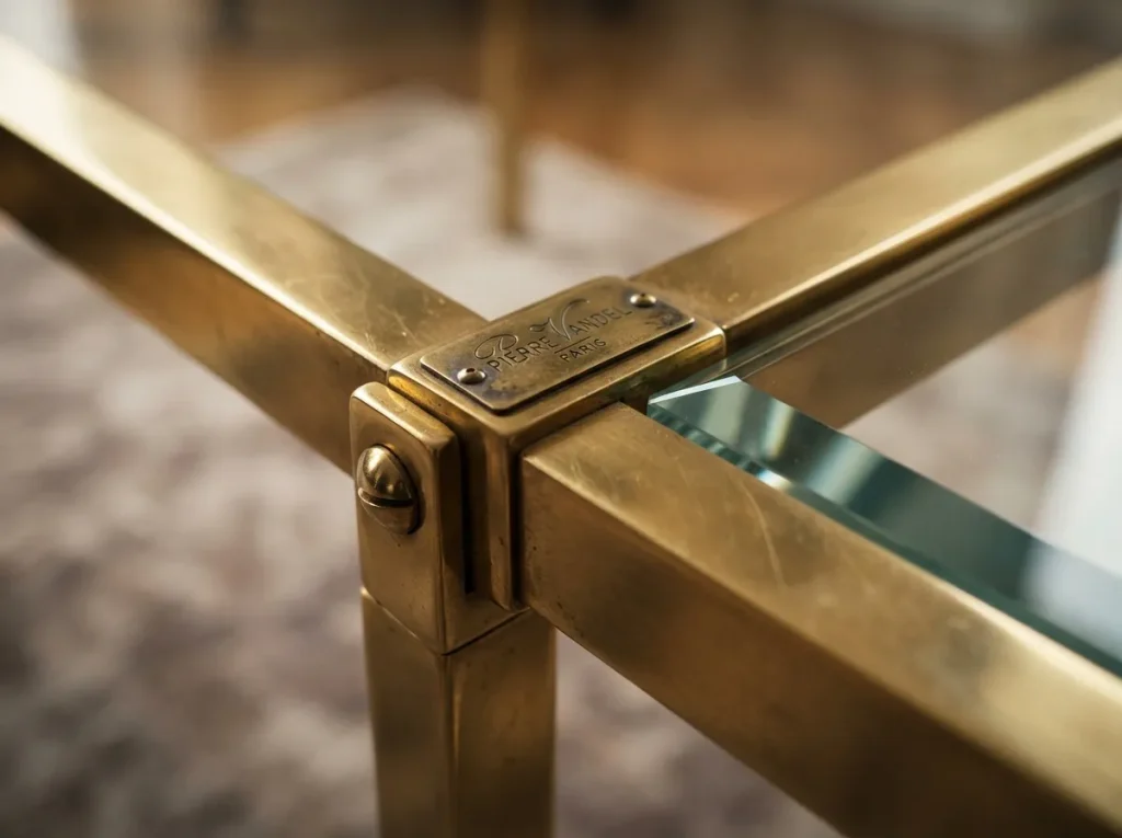 Gros plan sur l'angle d'une table basse Pierre Vandel en laiton doré montrant la plaque d'authenticité de l'éditeur.