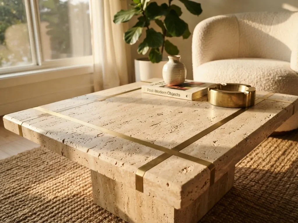 Table basse carrée en travertin brut beige et piétement en laiton sous un éclairage naturel.